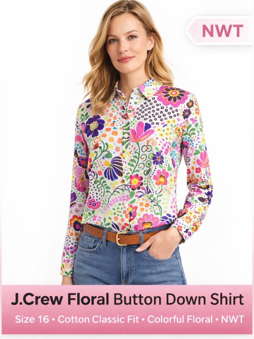 J.Crew Floral Button Down Shirt Size 16 Cotton Classic Fit Colorful Blouse NWT